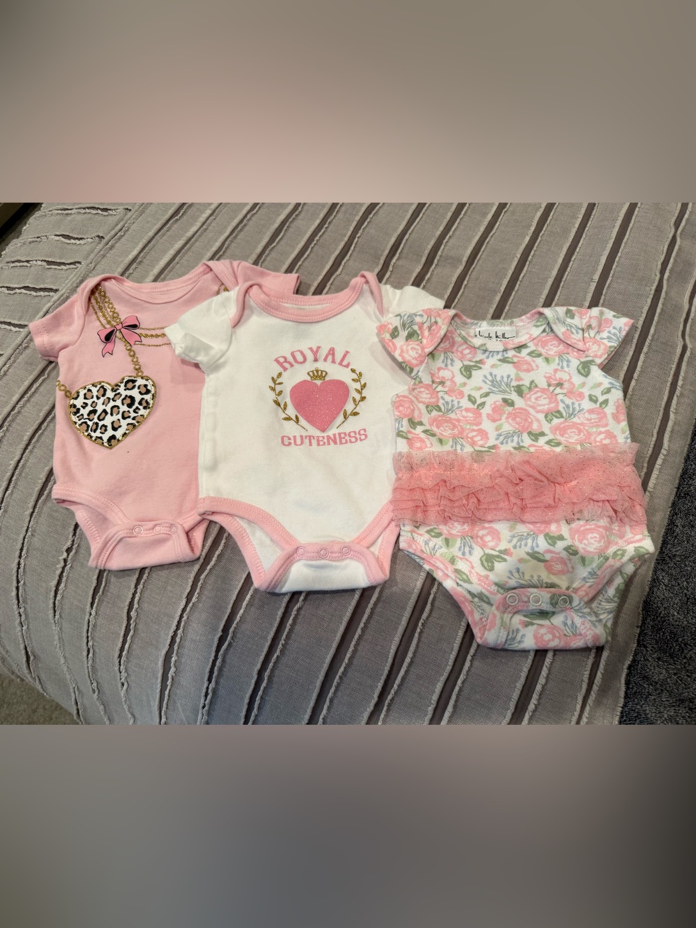 Baby Girls Pink Floral & Heart One-Piece Bodysuit Set